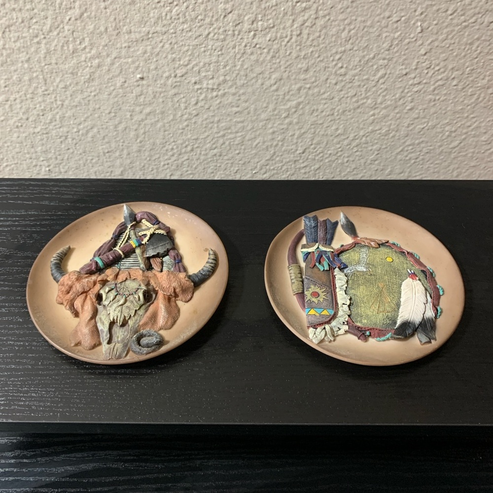 Embossed Native American Indian 3-D Decorative Clay Small Plates Set of 2